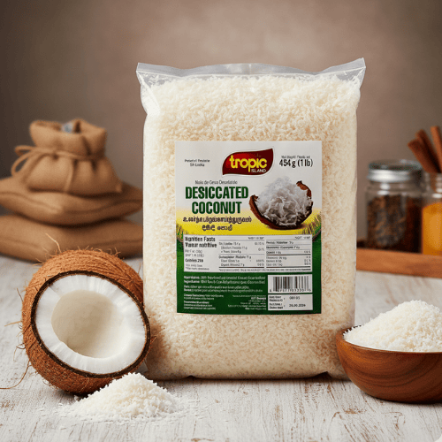 Untitled-design-248.png Tropic Sri Lankan Desiccated Coconut 454g – Premium Finely Grated Coconut - Image 1