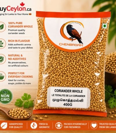 Chenbagam Coriander Whole 400g pack showing premium whole seeds in clear packaging with an orange border and a bird logo.