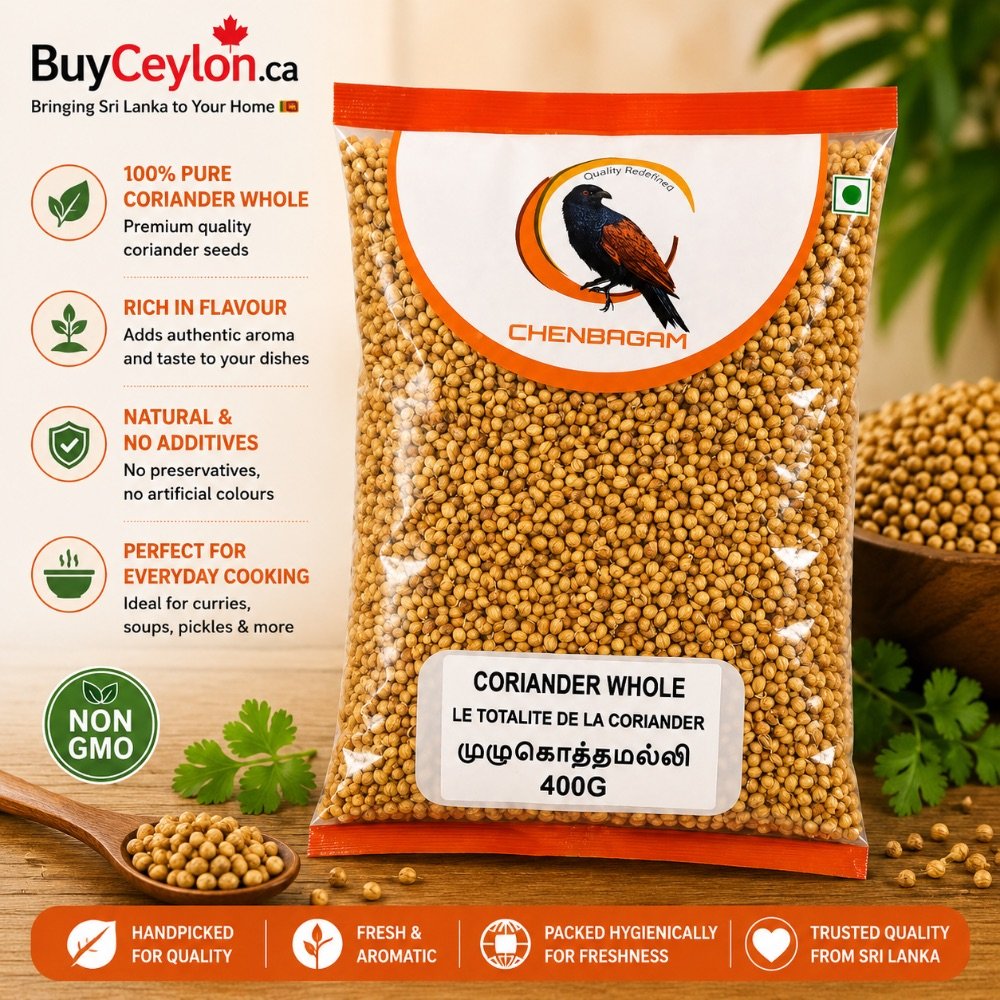 Chenbagam Coriander Whole 400g pack showing premium whole seeds in clear packaging with an orange border and a bird logo.