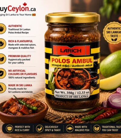 Larich Polos Ambul jar next to a small bowl of cooked jackfruit curry garnished with a green chili, surrounded by fresh ingredients like red onion and mango.