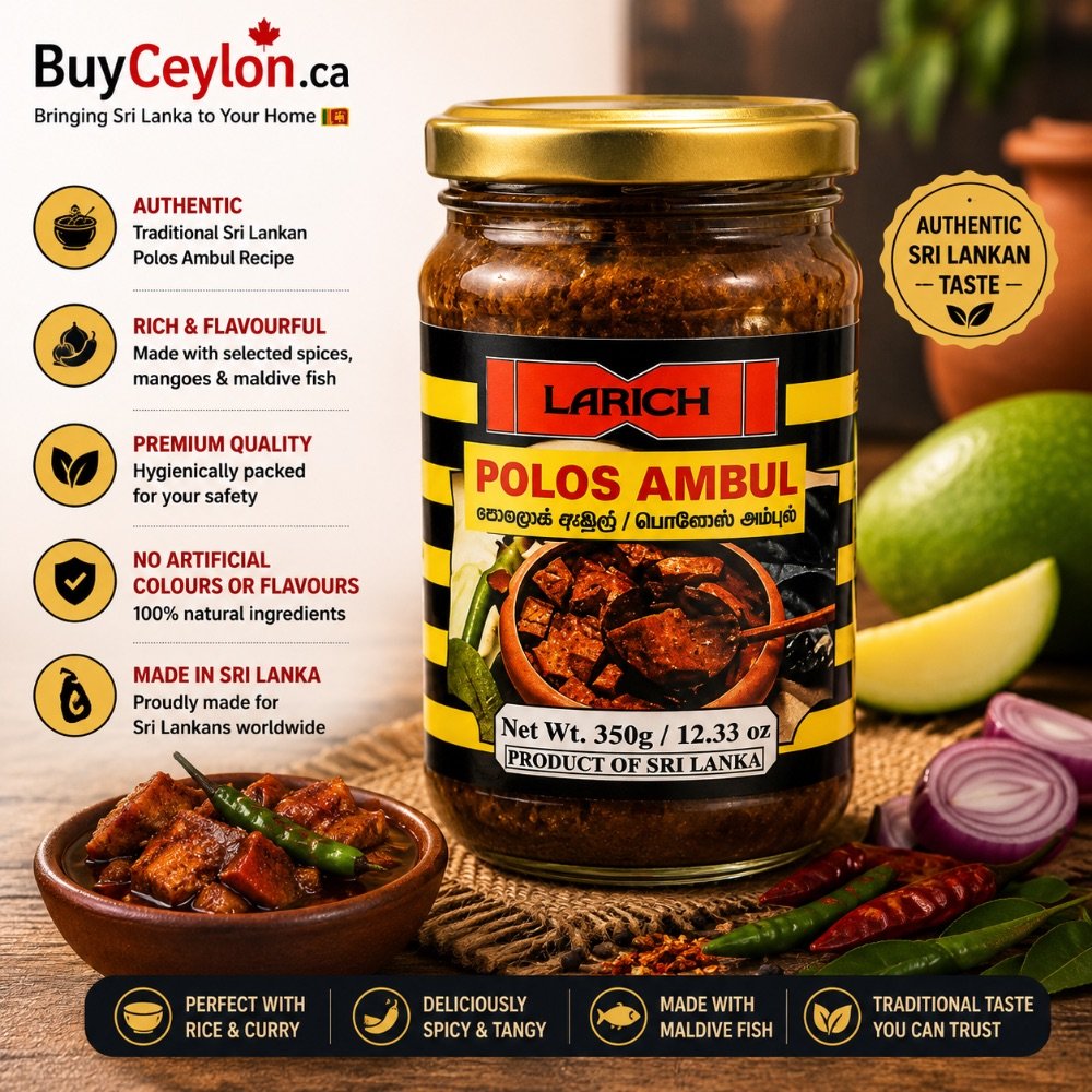 Larich Polos Ambul jar next to a small bowl of cooked jackfruit curry garnished with a green chili, surrounded by fresh ingredients like red onion and mango.