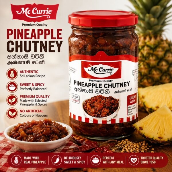 A glass jar of Mc Currie Pineapple Chutney with fresh pineapple, dried chilies, and a small bowl of chunky chutney.