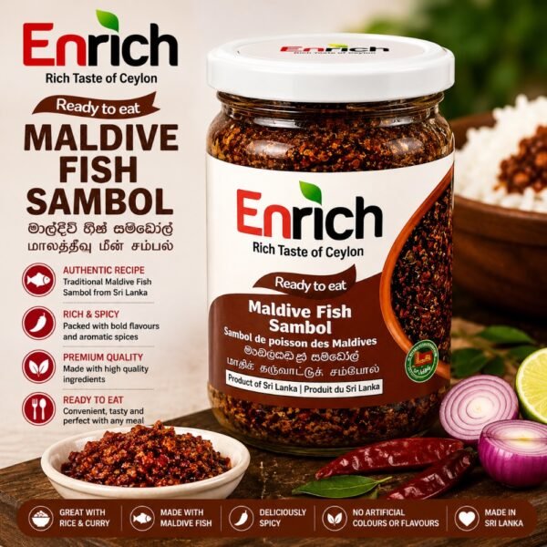 A jar of Enrich Maldive Fish Sambol next to a bowl of the sambol, fresh onions, dried chilies, and a lime wedge.