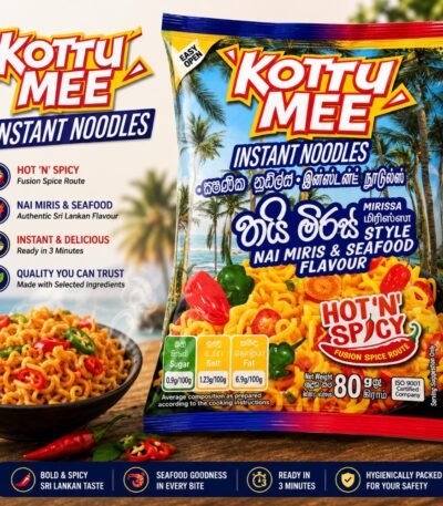 Pack of Kottu Mee Nai Miris & Seafood Flavour instant noodles next to a prepared bowl of spicy noodles with fresh chili garnishes.