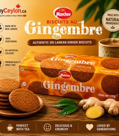 CBL Munchee Ginger Biscuits 170g box shown with a stack of cookies, whole and sliced ginger roots, and a cup of warm tea on a wooden table.