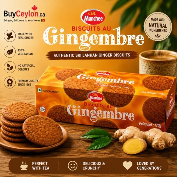 CBL Munchee Ginger Biscuits 170g box shown with a stack of cookies, whole and sliced ginger roots, and a cup of warm tea on a wooden table.