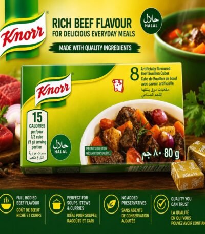 Packaging of Knorr Halal Beef Flavour Bouillon Cubes showing 8 cubes, 80g weight, and a vibrant bowl of beef stew with carrots and herbs.