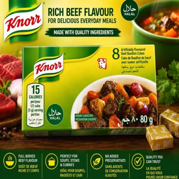 Packaging of Knorr Halal Beef Flavour Bouillon Cubes showing 8 cubes, 80g weight, and a vibrant bowl of beef stew with carrots and herbs.