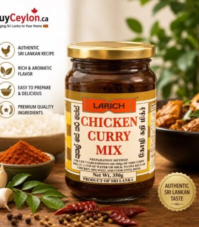 Jar of Larich Chicken Curry Mix 350g on a wooden table surrounded by garlic, curry leaves, chili powder, peppercorns, and a cooked bowl of chicken curry.