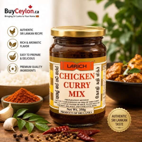 Jar of Larich Chicken Curry Mix 350g on a wooden table surrounded by garlic, curry leaves, chili powder, peppercorns, and a cooked bowl of chicken curry.