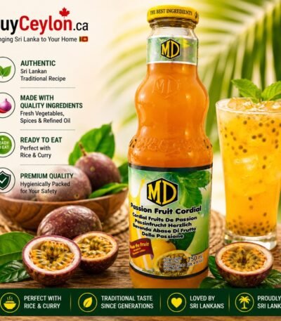 MD Passion Fruit Cordial 750ml bottle shown alongside a tall glass of the mixed beverage with ice and fresh passion fruit halves.
