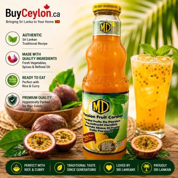 MD Passion Fruit Cordial 750ml bottle shown alongside a tall glass of the mixed beverage with ice and fresh passion fruit halves.