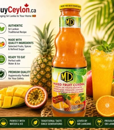 750ml bottle of MD Mixed Fruit Cordial next to a refreshing glass of juice, garnished with mint, surrounded by pineapple, mango, and passion fruit.