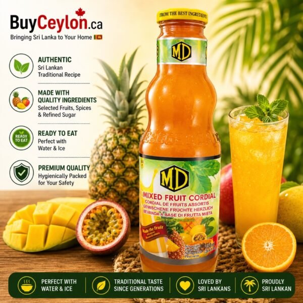 750ml bottle of MD Mixed Fruit Cordial next to a refreshing glass of juice, garnished with mint, surrounded by pineapple, mango, and passion fruit.