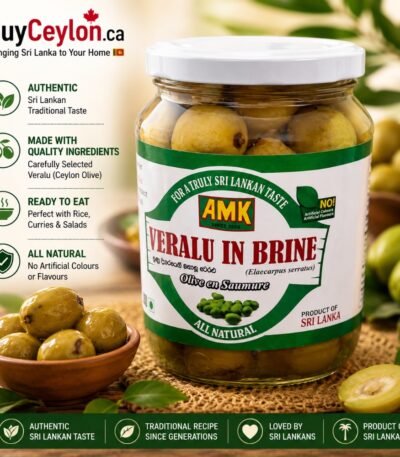 A glass jar of AMK Veralu in Brine featuring whole Ceylon olives in a clear liquid.