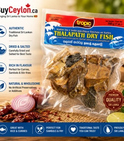 A 200g vacuum-sealed pack of Tropic Island Thalapath Dry Fish (Dried Salted Indo-pacific Sailfish) displayed with red onions, dried chilies, and lime.