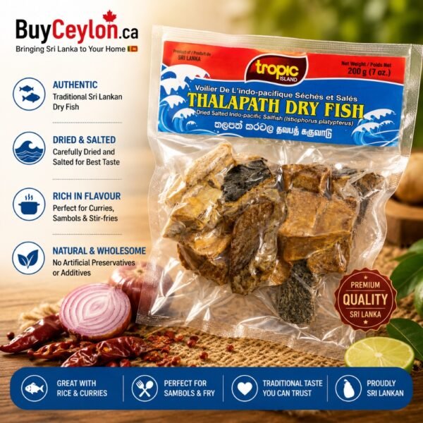 A 200g vacuum-sealed pack of Tropic Island Thalapath Dry Fish (Dried Salted Indo-pacific Sailfish) displayed with red onions, dried chilies, and lime.