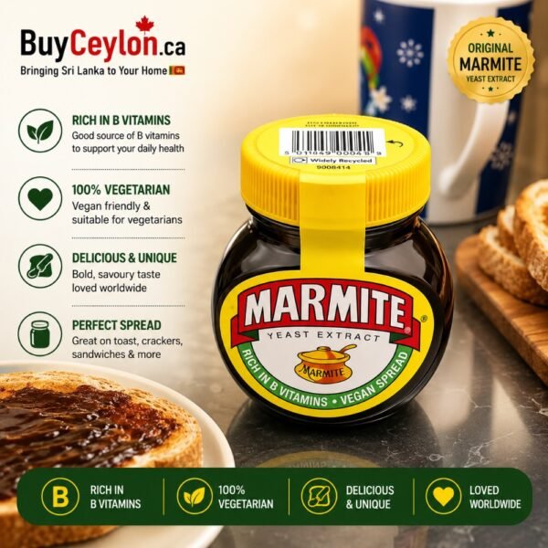 A jar of Marmite Yeast Extract next to a piece of toast coated in the dark savoury spread.