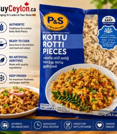 A blue package of P&S Kottu Rotti Pieces with images of prepared kottu dishes and clear shredded rotti visible inside.