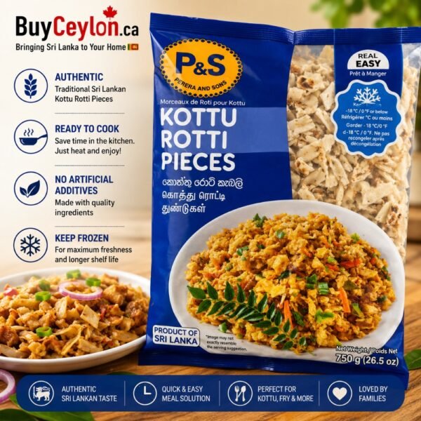 A blue package of P&S Kottu Rotti Pieces with images of prepared kottu dishes and clear shredded rotti visible inside.