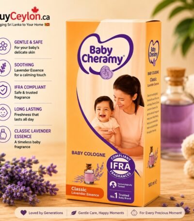 Yellow packaging of Baby Cheramy Baby Cologne Classic Lavender Essence featuring a mother and baby, icons for safety, and fresh lavender flowers.