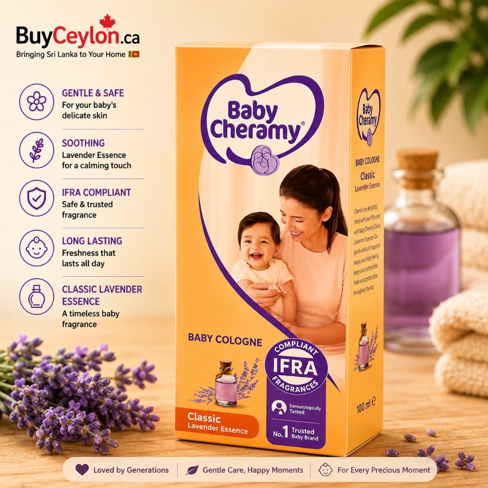 Yellow packaging of Baby Cheramy Baby Cologne Classic Lavender Essence featuring a mother and baby, icons for safety, and fresh lavender flowers.