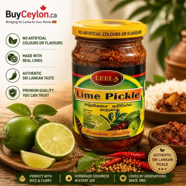 A glass jar of Leela Lime Pickle with a yellow lid, surrounded by fresh green limes, chili peppers, and traditional spices.