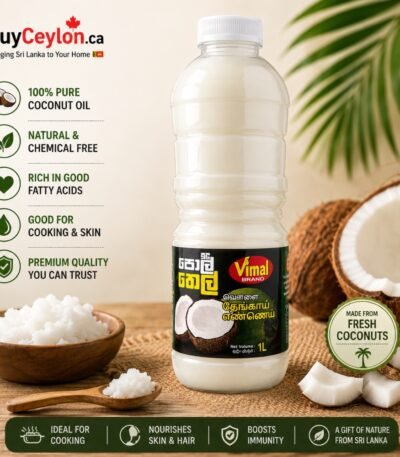 A 1L plastic bottle of Vimal Brand 100% Pure Coconut Oil from Sri Lanka, surrounded by fresh coconuts and a bowl of solidified coconut oil.