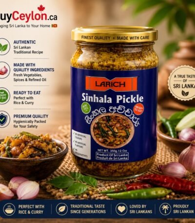 A 350g glass jar of Larich Sinhala Pickle with a navy blue label, featured next to a bowl of pickle and fresh shallots.