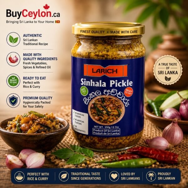 A 350g glass jar of Larich Sinhala Pickle with a navy blue label, featured next to a bowl of pickle and fresh shallots.